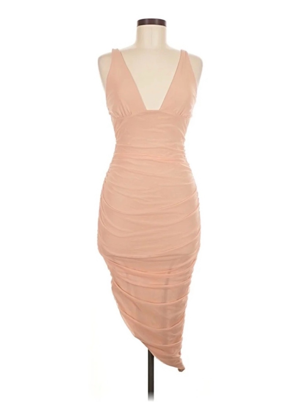 Oh Polly Blush Asymmetrical Ruched V-Neck Midi Dress